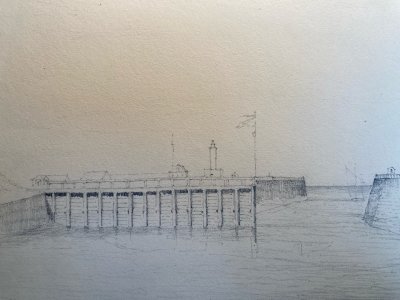 Dessin XIXe 1865 crayon Paysage Saint Valery Sur Somme Art Plage Mer