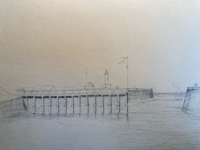 Dessin XIXe 1865 crayon Paysage Saint Valery Sur Somme Art Plage Mer