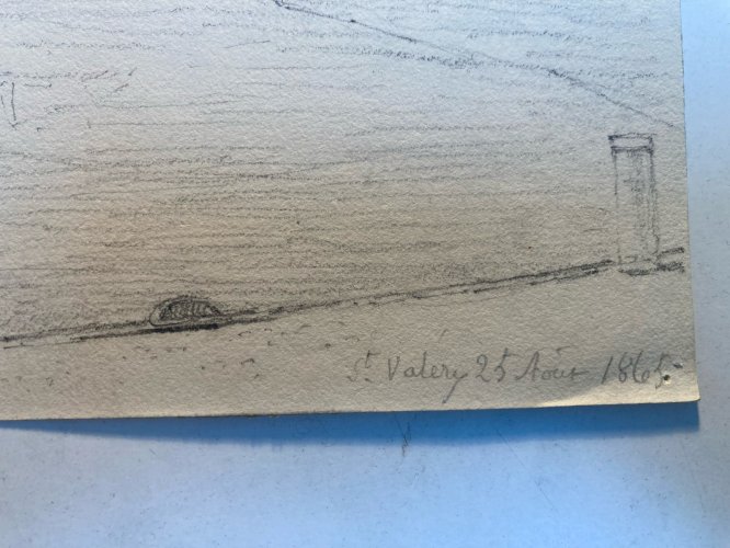 Dessin XIXe 1865 crayon Paysage Saint Valery Sur Somme Art Plage Mer