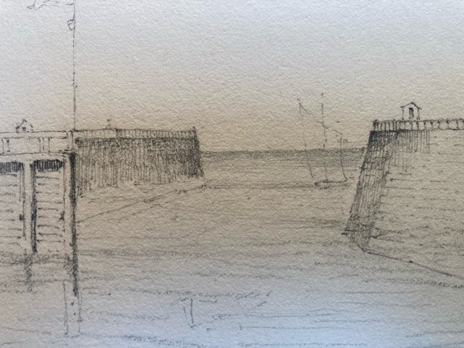 Dessin XIXe 1865 crayon Paysage Saint Valery Sur Somme Art Plage Mer