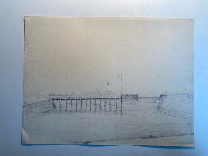 Dessin XIXe 1865 crayon Paysage Saint Valery Sur Somme Art Plage Mer