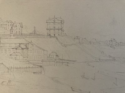 Drawing XIX 1865 pencil Landscape Saint Valery Sur Somme ? Ocean Sea Art