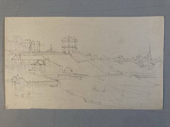 Dessin XIXe 1865 crayon Paysage Saint Valery Sur Somme ? Mer Ocean Art