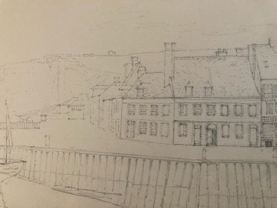 Dessin XIXe 1865 crayon Paysage Saint Valery Sur Somme Port Bateau