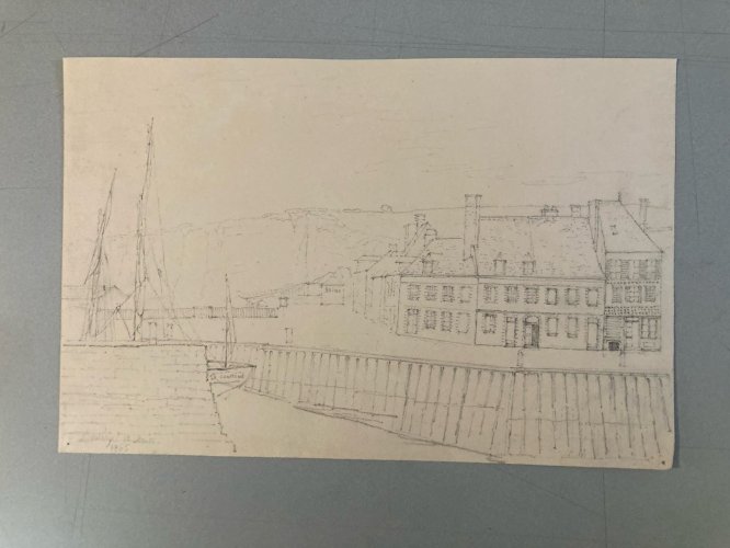 Dessin XIXe 1865 crayon Paysage Saint Valery Sur Somme Port Bateau