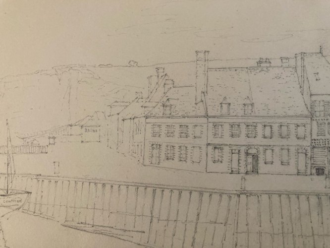 Dessin XIXe 1865 crayon Paysage Saint Valery Sur Somme Port Bateau