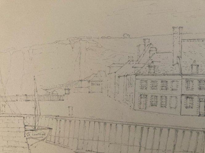 Dessin XIXe 1865 crayon Paysage Saint Valery Sur Somme Port Bateau