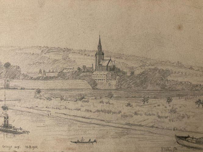 Dessin XIXe 1900 mine de plomb crayon Ancien Paysage Riviere Autriche