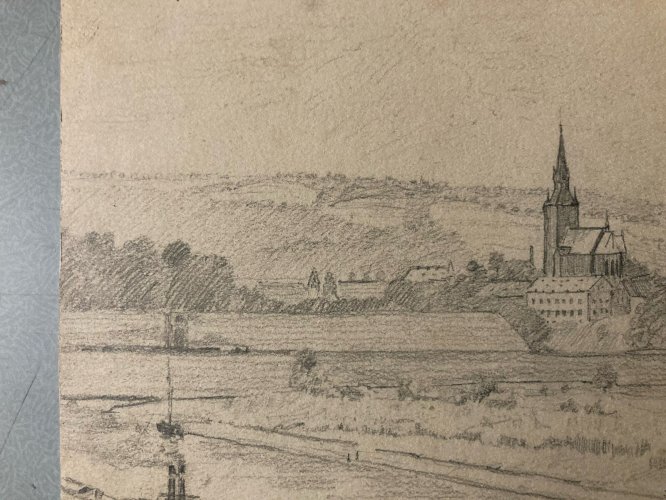Dessin XIXe 1900 mine de plomb crayon Ancien Paysage Riviere Autriche