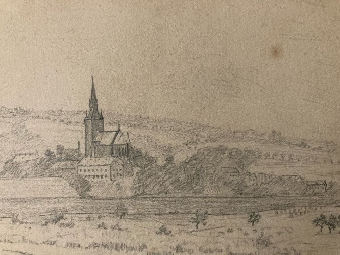 Dessin XIXe 1900 mine de plomb crayon Ancien Paysage Riviere Autriche
