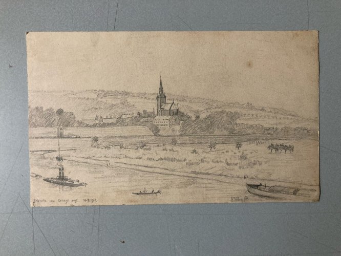 Dessin XIXe 1900 mine de plomb crayon Ancien Paysage Riviere Autriche