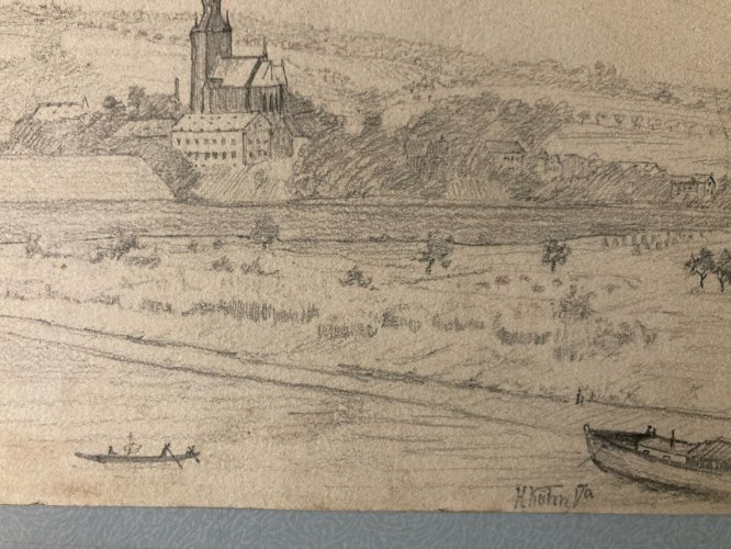 Dessin XIXe 1900 mine de plomb crayon Ancien Paysage Riviere Autriche