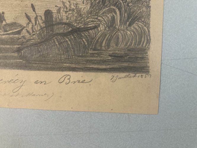Dessin XIXe Ancien Château crayon Paysage Crecy En Brie Pêche Art