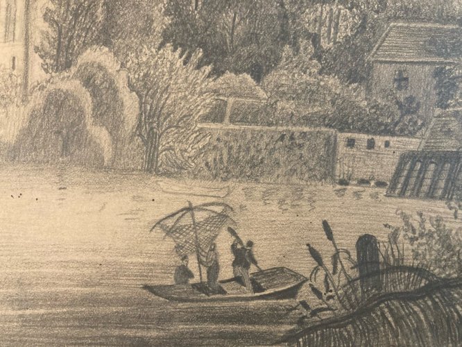 Dessin XIXe Ancien Château crayon Paysage Crecy En Brie Pêche Art