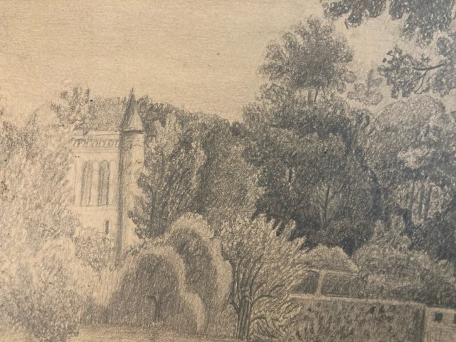 Dessin XIXe Ancien Château crayon Paysage Crecy En Brie Pêche Art