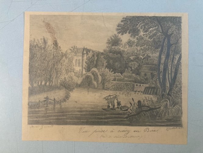 Dessin XIXe Ancien Château crayon Paysage Crecy En Brie Pêche Art