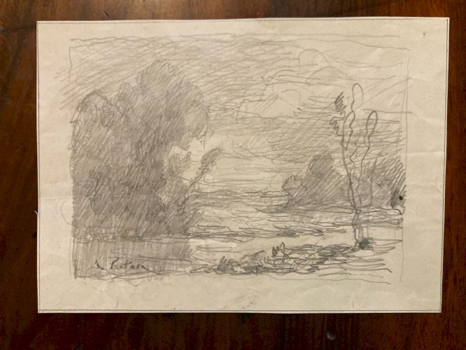 Dessin XIXe Crayon Alexandre Portais Art Ancien Paysage Arbre Signé Académisme