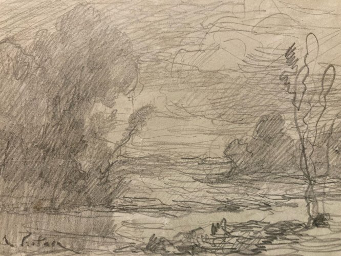 Dessin XIXe Crayon Alexandre Portais Art Ancien Paysage Arbre Signé Académisme