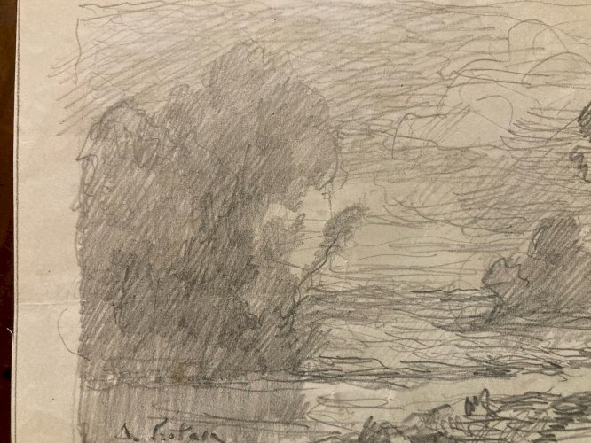 Dessin XIXe Crayon Alexandre Portais Art Ancien Paysage Arbre Signé Académisme