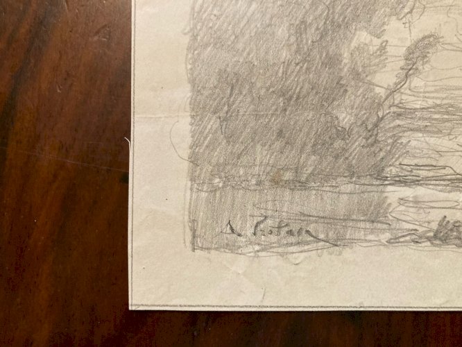 Dessin XIXe Crayon Alexandre Portais Art Ancien Paysage Arbre Signé Académisme