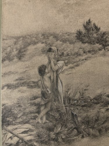 Dessin XIXe Crayon naturalisme symbolisme Paysage Femme Enfant Berger Art