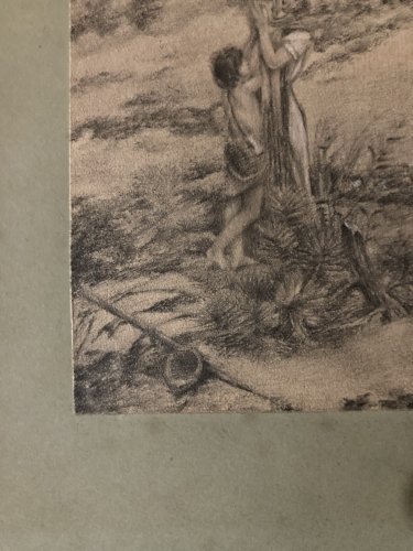 Dessin XIXe Crayon naturalisme symbolisme Paysage Femme Enfant Berger Art