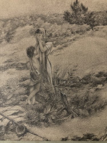 Dessin XIXe Crayon naturalisme symbolisme Paysage Femme Enfant Berger Art