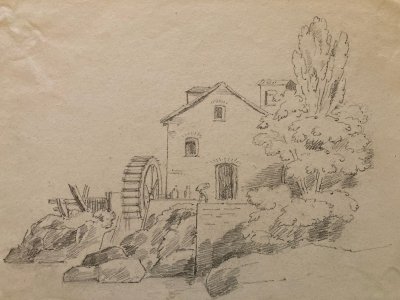 Dessin XIXe Crayon Prosper Barbot Art Ancien Tampon Paysage Maison Moulin