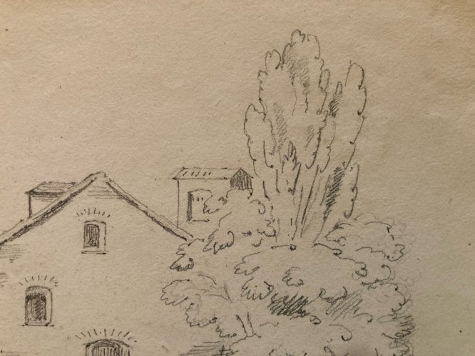 Dessin XIXe Crayon Prosper Barbot Art Ancien Tampon Paysage Maison Moulin