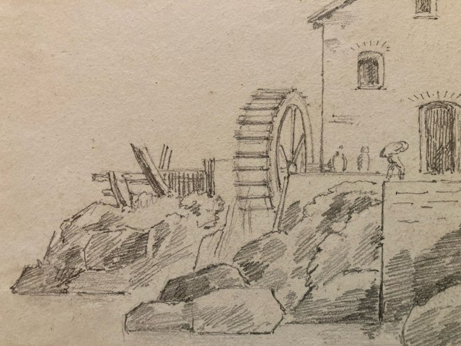 Dessin XIXe Crayon Prosper Barbot Art Ancien Tampon Paysage Maison Moulin