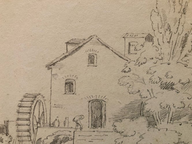 Dessin XIXe Crayon Prosper Barbot Art Ancien Tampon Paysage Maison Moulin