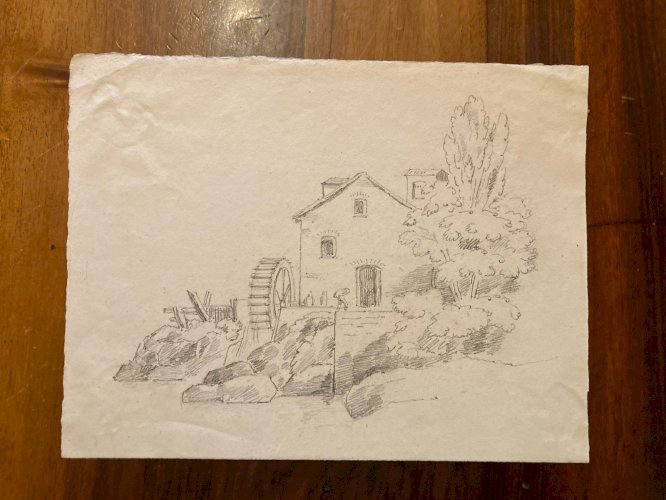 Dessin XIXe Crayon Prosper Barbot Art Ancien Tampon Paysage Maison Moulin