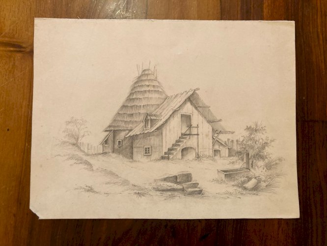 Dessin XIXe Crayon Prosper Barbot Art Ancien Tampon Paysage Maison Toit Chaume