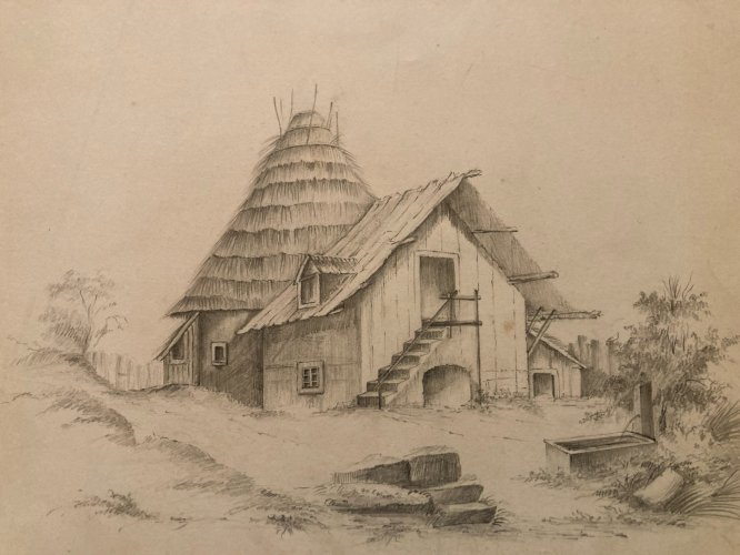 Dessin XIXe Crayon Prosper Barbot Art Ancien Tampon Paysage Maison Toit Chaume