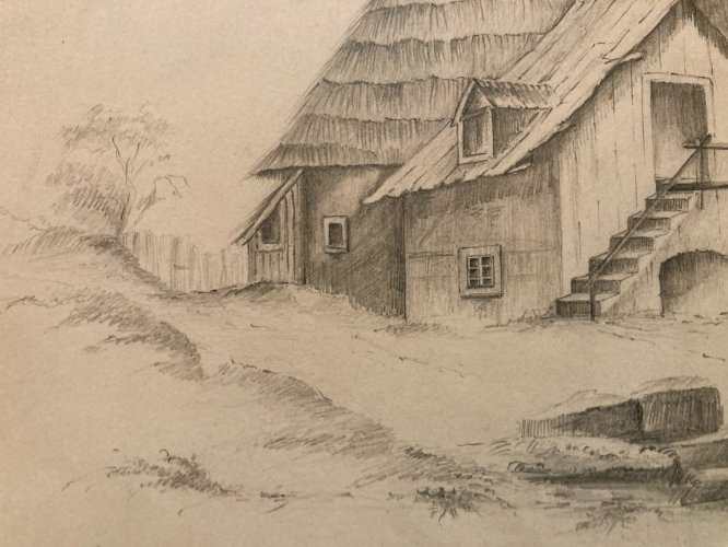 Dessin XIXe Crayon Prosper Barbot Art Ancien Tampon Paysage Maison Toit Chaume