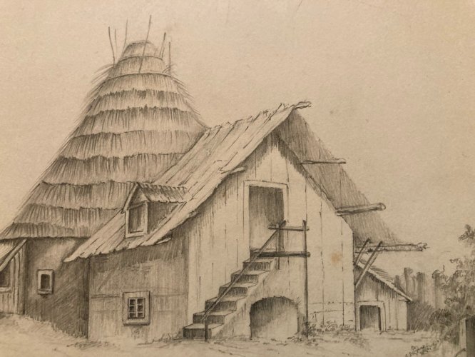 Dessin XIXe Crayon Prosper Barbot Art Ancien Tampon Paysage Maison Toit Chaume