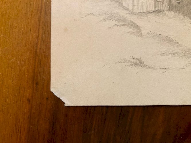 Dessin XIXe Crayon Prosper Barbot Art Ancien Tampon Paysage Maison Toit Chaume