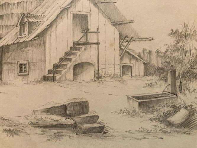 Dessin XIXe Crayon Prosper Barbot Art Ancien Tampon Paysage Maison Toit Chaume