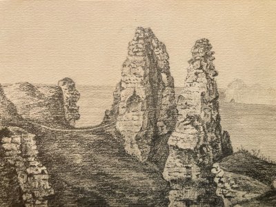 Dessin XIXe Crayon Rocher Des Deux Sœurs Soeurs Normandie Art Mer Ancien