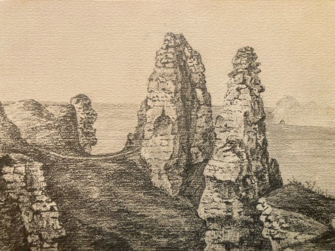 Dessin XIXe Crayon Rocher Des Deux Sœurs Soeurs Normandie Art Mer Ancien