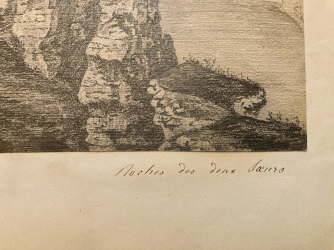 Dessin XIXe Crayon Rocher Des Deux Sœurs Soeurs Normandie Art Mer Ancien