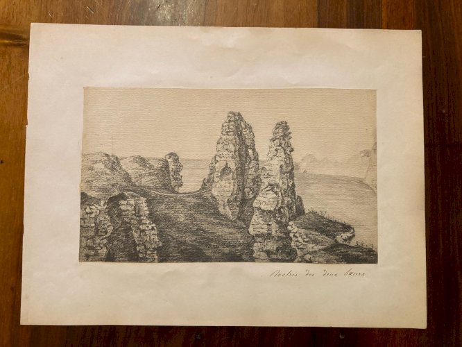 Dessin XIXe Crayon Rocher Des Deux Sœurs Soeurs Normandie Art Mer Ancien