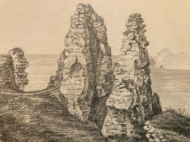 Dessin XIXe Crayon Rocher Des Deux Sœurs Soeurs Normandie Art Mer Ancien