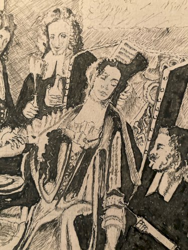 Dessin XIXe Encre Lavis Ancien Drawing Art Saignée Médecin Old Roi Reine Science