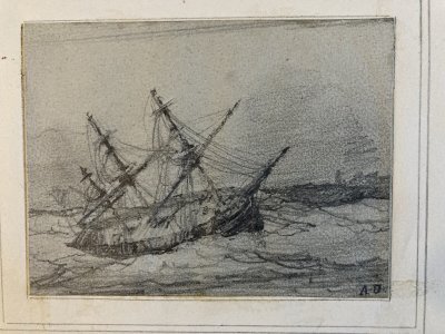 Dessin XIXe Mine De Plomb Bateau Échoué Dessin Tempête Art Océan Mer Voile