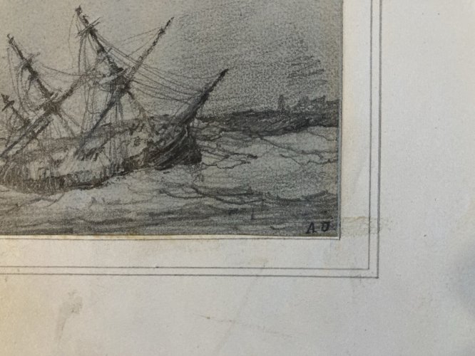 Dessin XIXe Mine De Plomb Bateau Échoué Dessin Tempête Art Océan Mer Voile