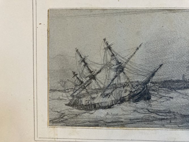 Dessin XIXe Mine De Plomb Bateau Échoué Dessin Tempête Art Océan Mer Voile