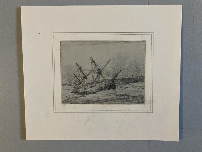 Dessin XIXe Mine De Plomb Bateau Échoué Dessin Tempête Art Océan Mer Voile