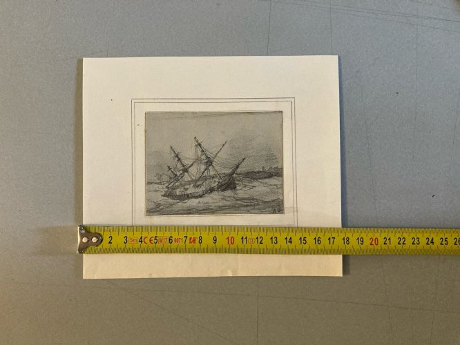 Dessin XIXe Mine De Plomb Bateau Échoué Dessin Tempête Art Océan Mer Voile