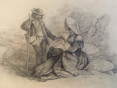 Dessin XIXe Voyante Bonne Aventure  Lignes De La Main Mine De Plomb